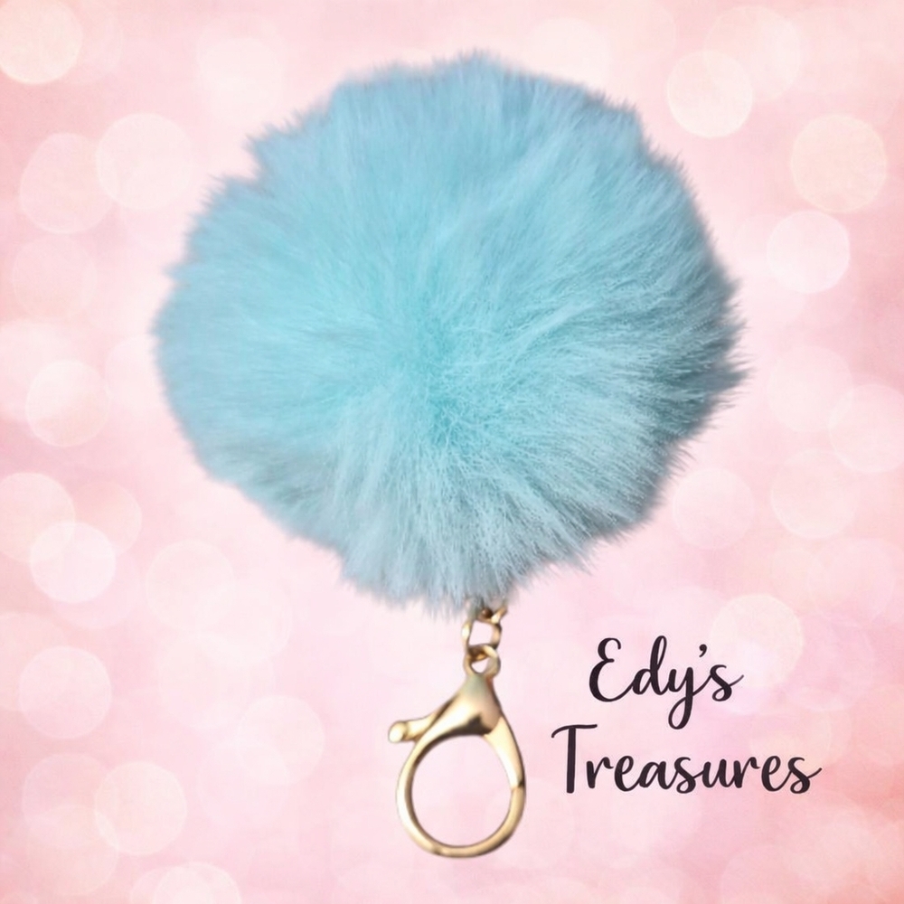 Light Blue Faux Fur Pom Pom Keychain  Purse Charm & Bag Accessory